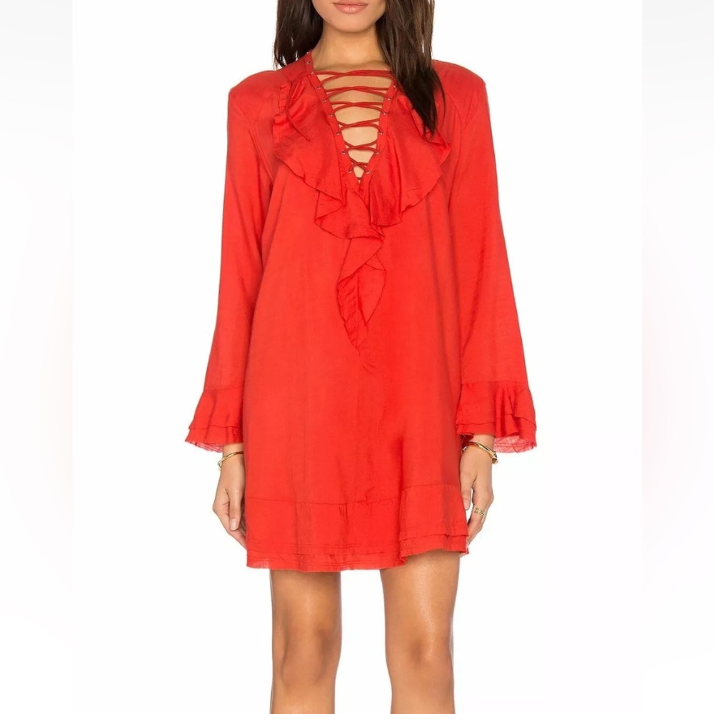 $265 NEW Iro Florine Red Orange Distressed Frayed Lace Up Mini Shift Dress 34 XS